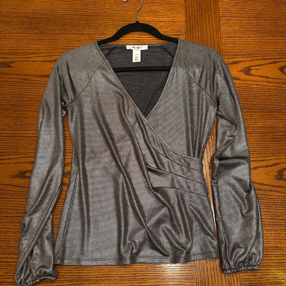 White House Black Market Metallic Gray V-Neck Blouse